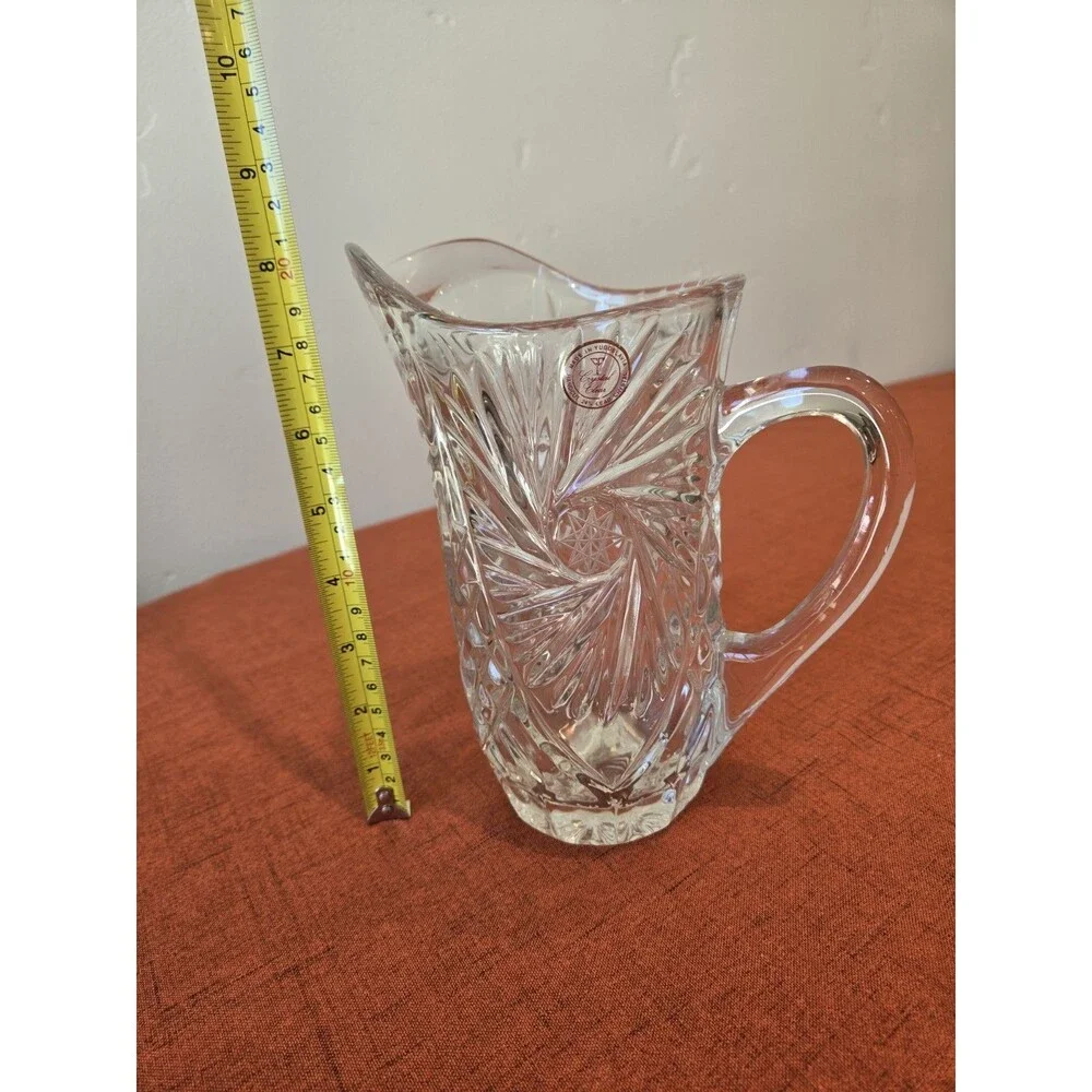 Crystal Clear Lead Crystal Cut Glass Pitcher, Clear Starburst, Yugoslavia